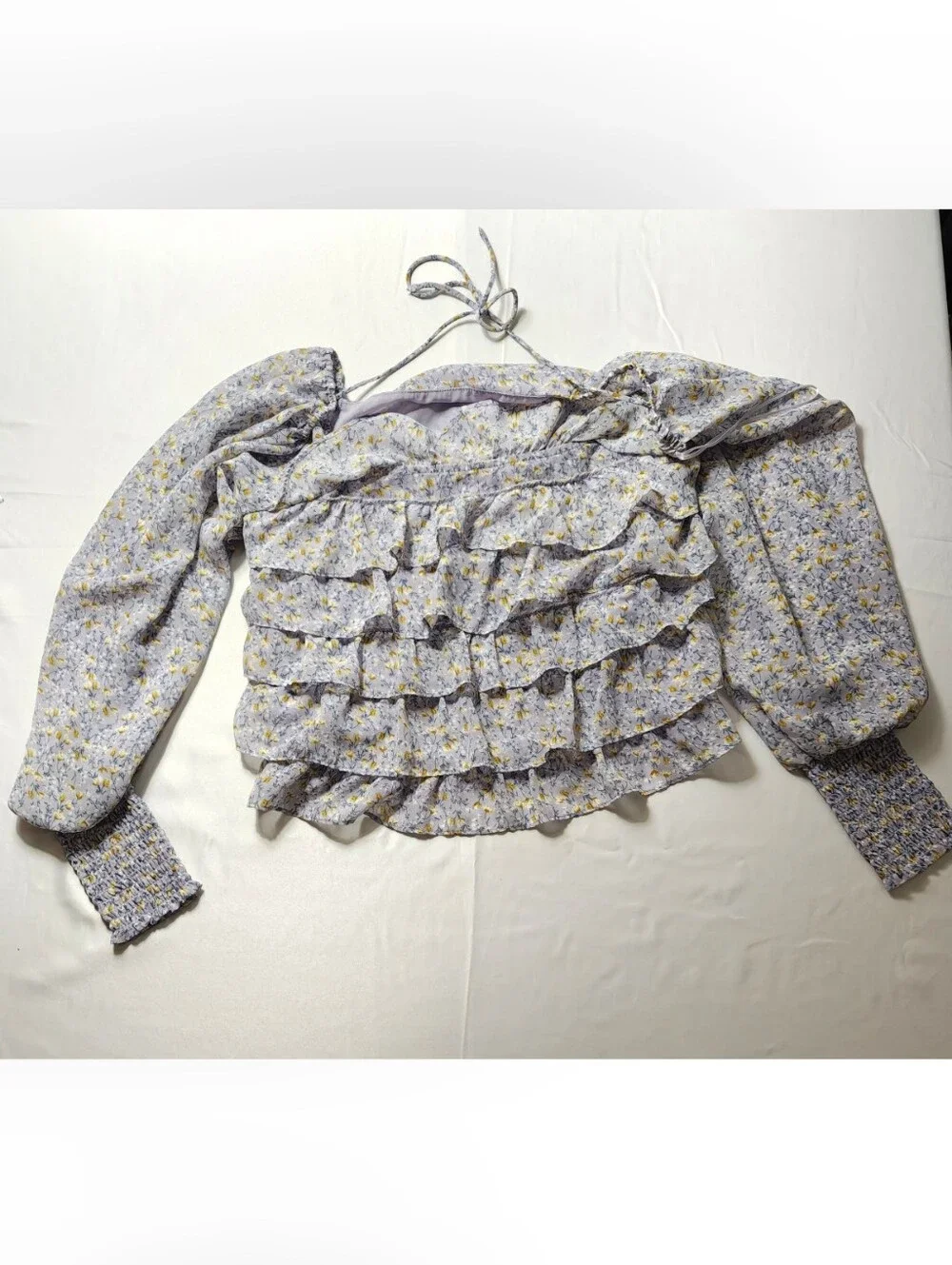 ASTR The Label Floral Ruffle Tiered Blouse Small Lilac Purple Cottagecore